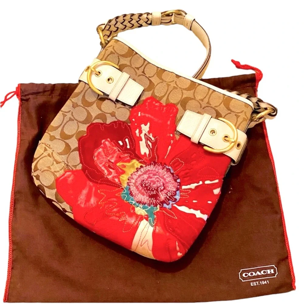 COACH RARE Vintage Khaki Signature Poppy Floral Appliqué Limited Edition